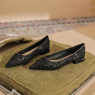29808 [sheepskin] Flat Shoes Women's Spring 2025 New Pointed Sequins Temperament Low Heel Shallow Mouth Single Shoes