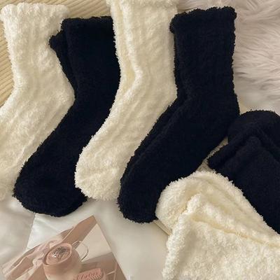 Female Autumn and Winter Pure Color Add Velvet and Thick Warm Floor Sleep In The Tube Socks