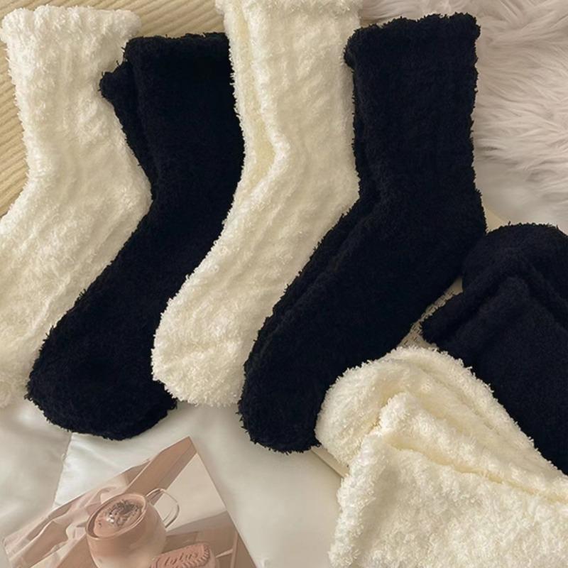 Female Autumn and Winter Pure Color Add Velvet and Thick Warm Floor Sleep In The Tube Socks