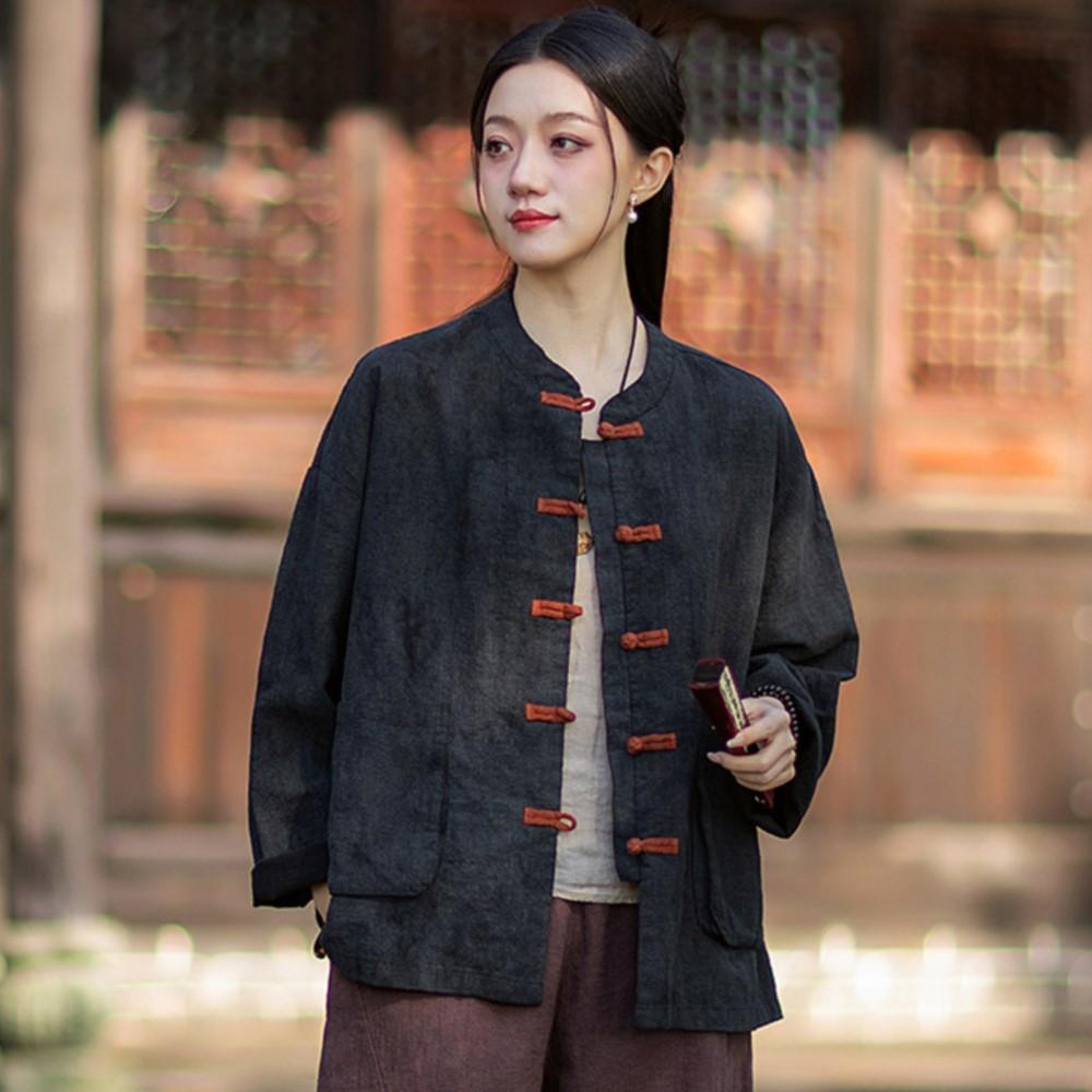 Women Vintage Shirts Tops Stand Long Sleeve Spring Chinese Style Button High Quality Cardigan Blouses