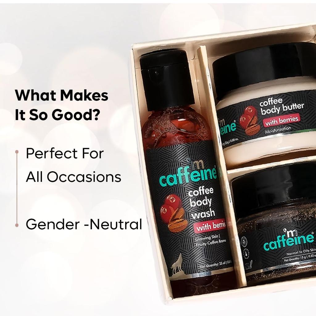 mCaffeine Body Care Gift Set for Women & Men with Berries Body Wash, Scrub & Butter – Hydrating Skin Kit