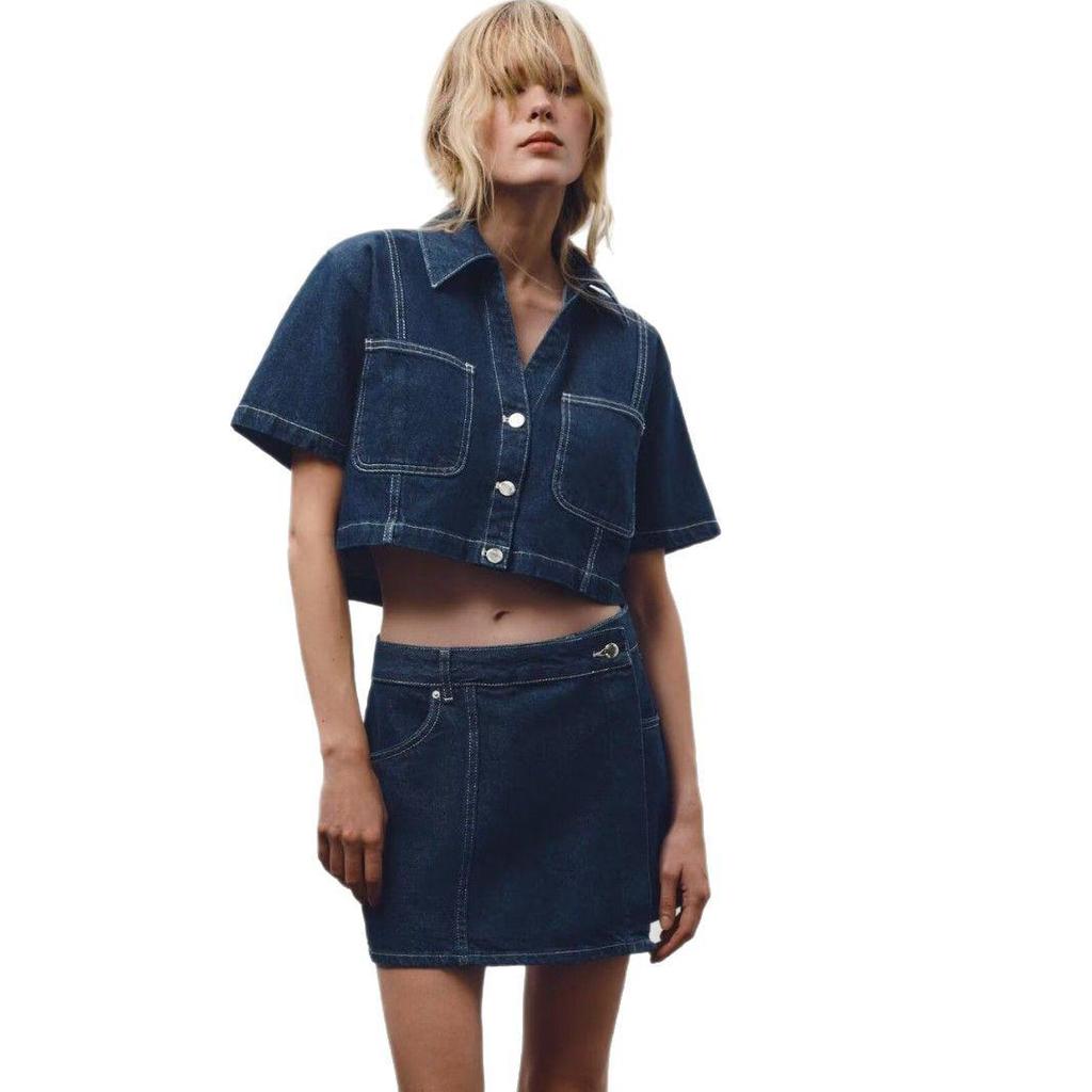 Foreign Trade 2025 Spring Women's European & American Style Short-Sleeve Lapel Shirt with Double-Breasted Skirt Pants Set.