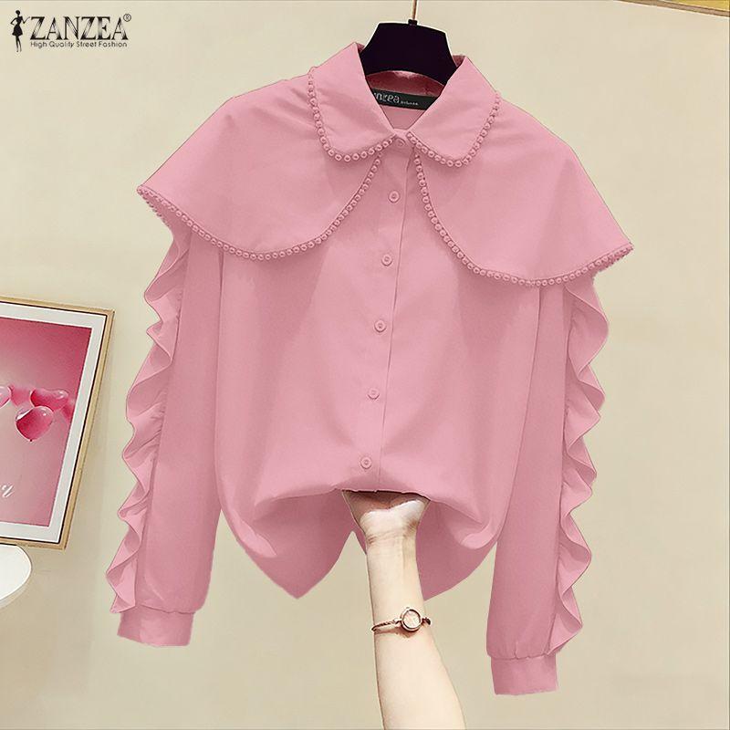 ZANZEA Women Casual Doll Collar Loose Long Sleeve Blouse