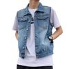 Men Lapel Sleeveless Denim Jacket Ripped Holes Pockets Single Breasted Denim Waistcoat Washed Loose Fit Casual Waistcoat