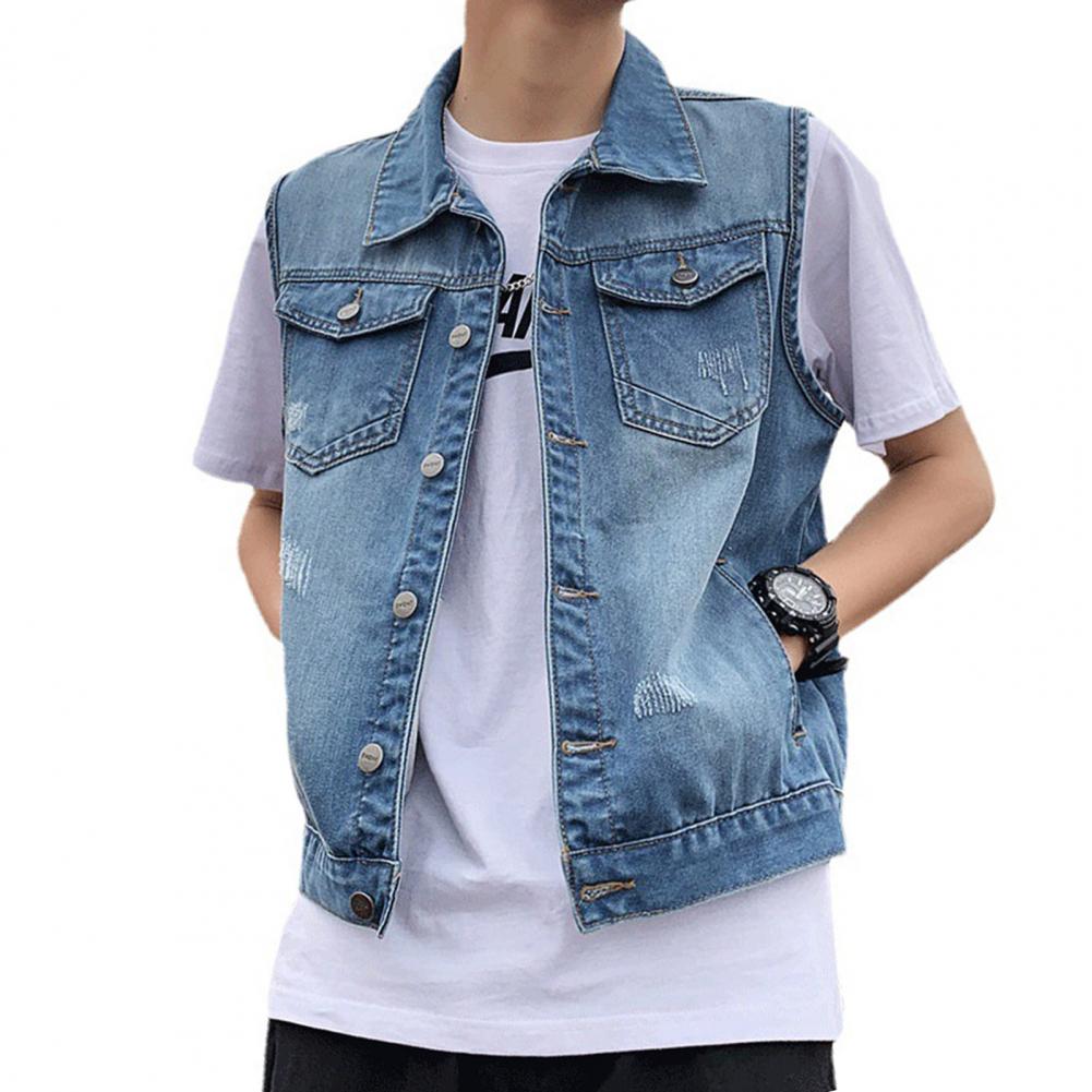 Men Lapel Sleeveless Denim Jacket Ripped Holes Pockets Single Breasted Denim Waistcoat Washed Loose Fit Casual Waistcoat
