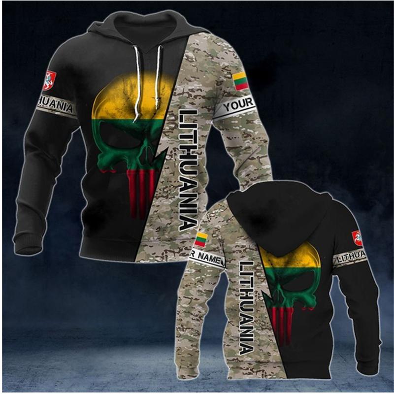 Lithuanian National Flag Emblem Camouflage Skull Warrior 3D Printing Men Fashionable Sports Outdoor Leisure Cool Hip-hop Hoodies