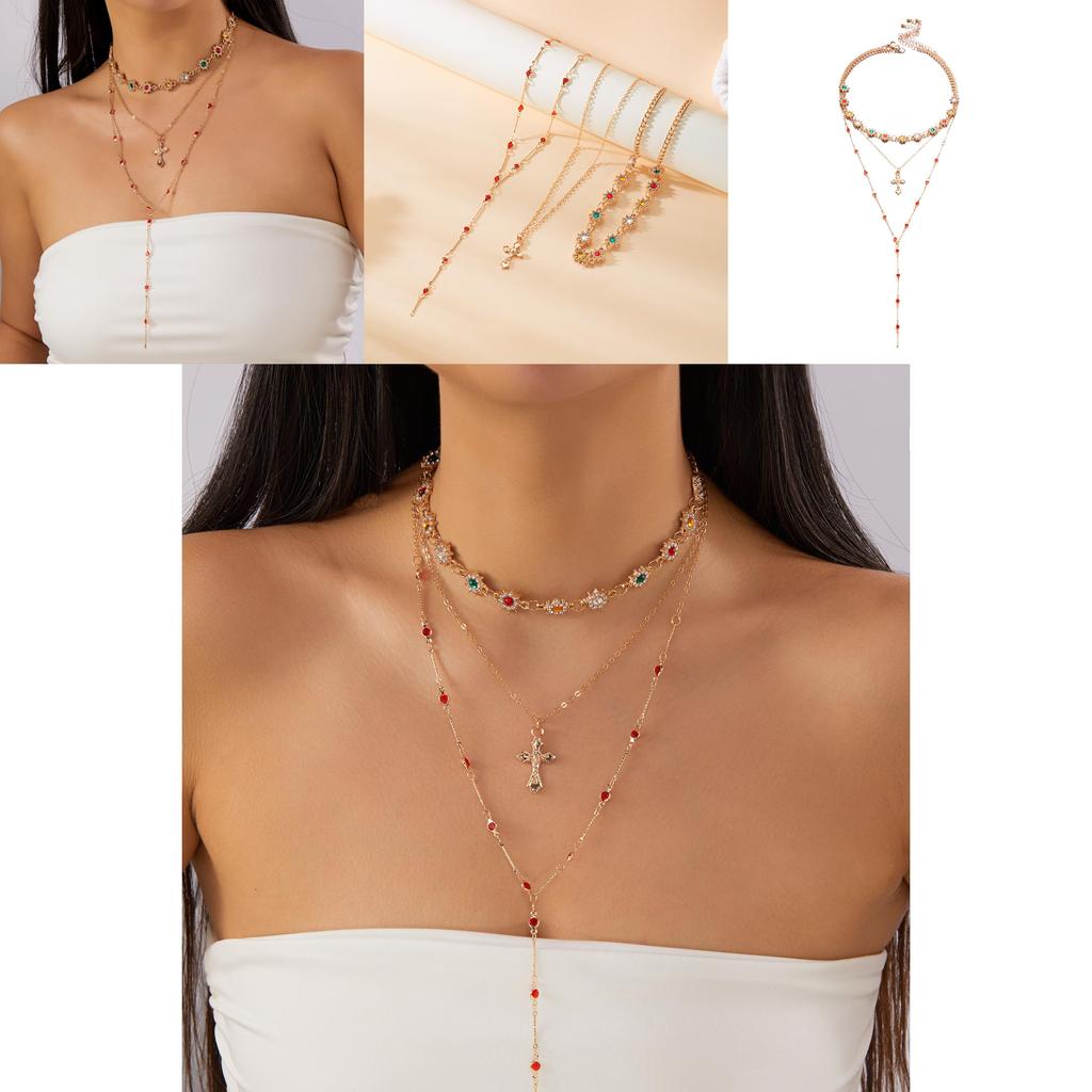 Vintage Luxury Cross Pendant Necklace For Women With Multilayer Chain Gift Idea