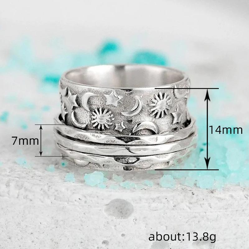 Copper Ring, Retro Index Finger Ring With Stars And Moon Texture, Sun God Wide Version Ring