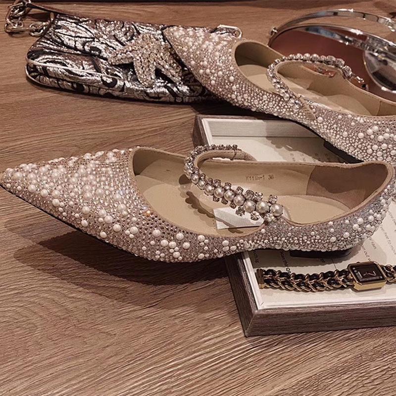 Luxury Brand Women Rhinestone Pumps Pointed Toe Heel String Bead Wedding Shoes Women Elegant Design High Heels Ladies Pumps
