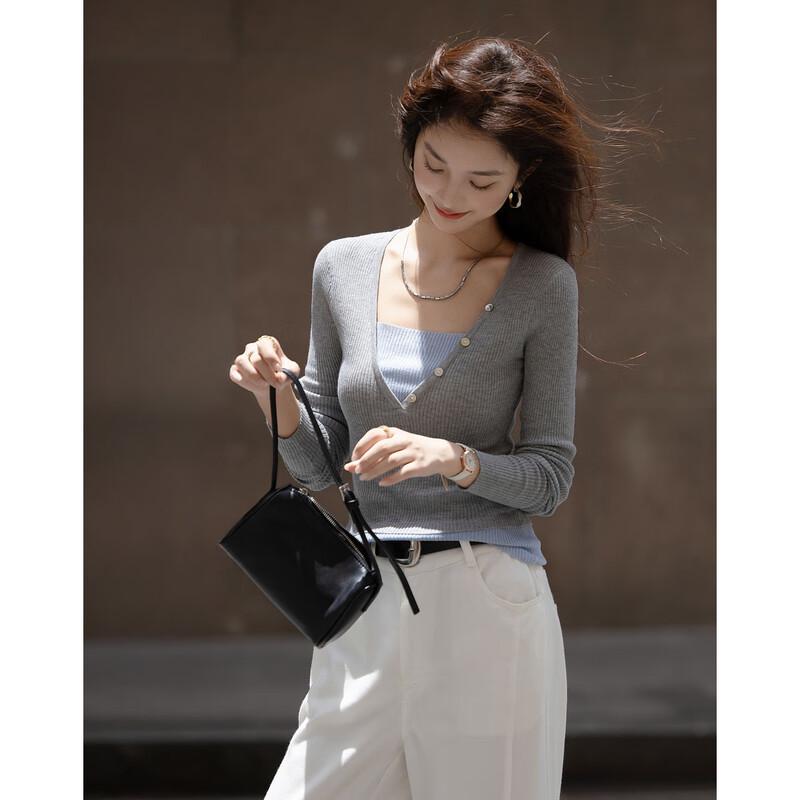 Women's Slim Fit Faux Two-Piece Wool Blend Colorblock Knit Top