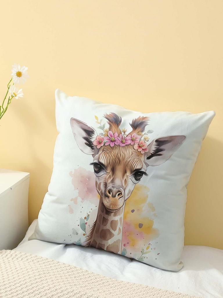 Flower Crown Giraffe Print Throw Pillow Cover, Cushion Case For Sofa Bedroom Living Room Couch Bed Office Chair Home Decor