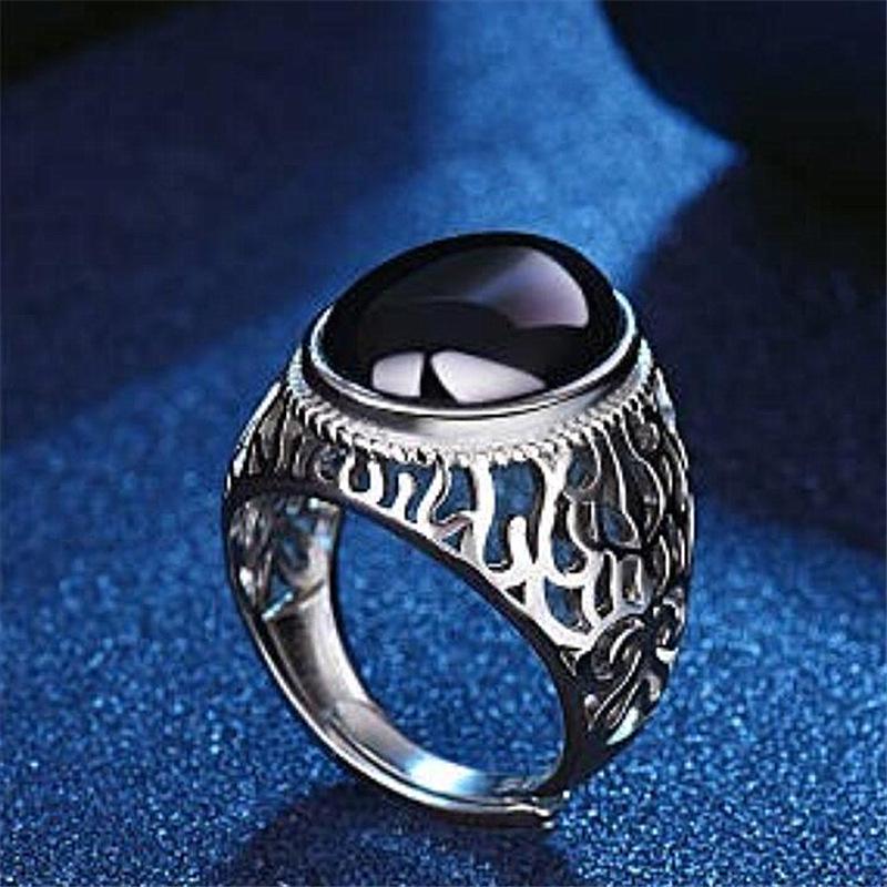 Men's Black Agate Chalcedony Diamond Ring - Hollow Pattern, Simple & Fashionable Open Design
