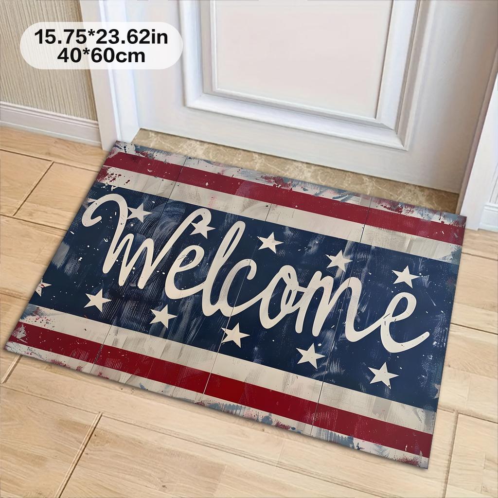 Holiday Christmas Gift: a Rug with a Blue, White, And Red Striped Star Pattern, Suitable for Home Decor. It Can Be Used As a Welcome Mat