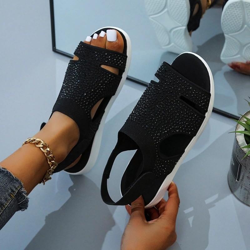 Fashion Summer Women's Shoes Flying Woven Hot Diamond Breathable Solid Color Diamond Beach Light Large Size Sandals
