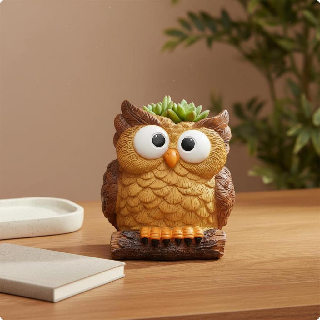 Owl Planter Resin Material Flower Pot Textured Animal Straight Eyes
