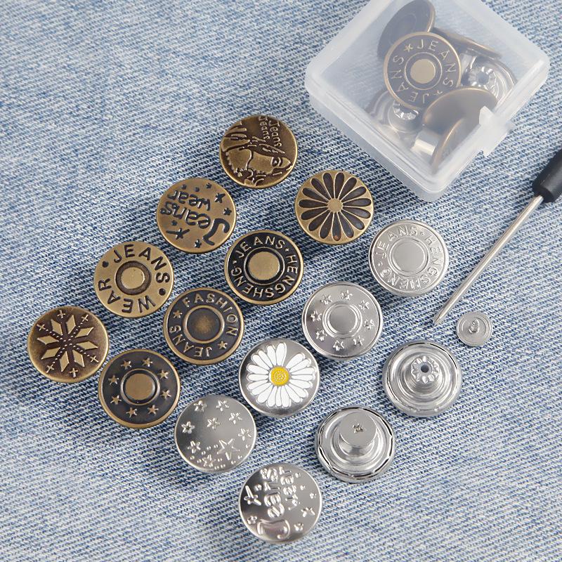 Adjustable No-Sew Detachable Metal Jeans Buttons – Flat Bottom, Nail-Free, Resizes Waistbands Effortlessly