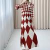 Women's Print Dress Spring Summer Diamond Print High-end Pleated Dress V-neck Long Dress
