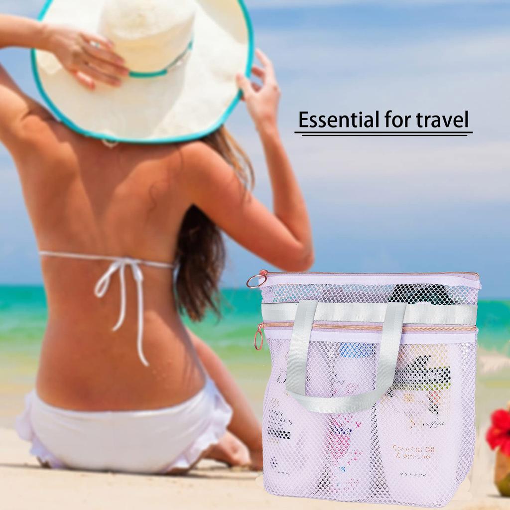 Portable Handheld Toiletries Swimming Beach Zipper Bag, Mesh Shower Caddy Bag Hanging Toiletry And Bath Organizer Two Pockets