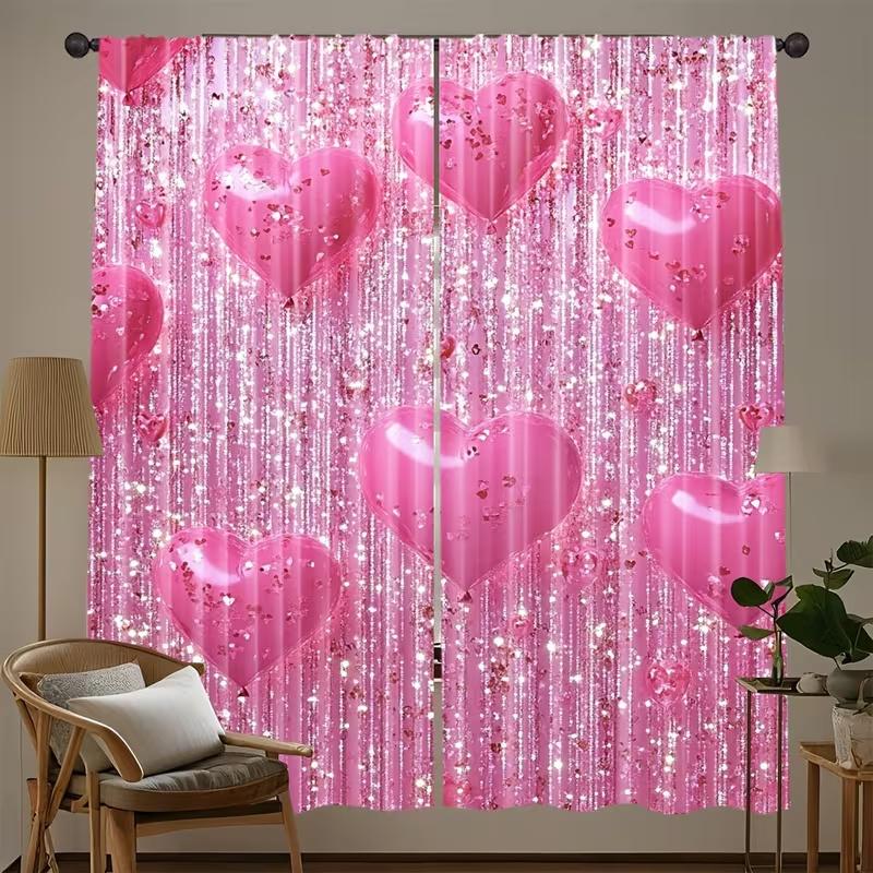 2 Pcs Pink Heart Print Curtains,suitable for Bedroom,living Room Kitchen Decoration,home Decoration,window Decoration Curtain
