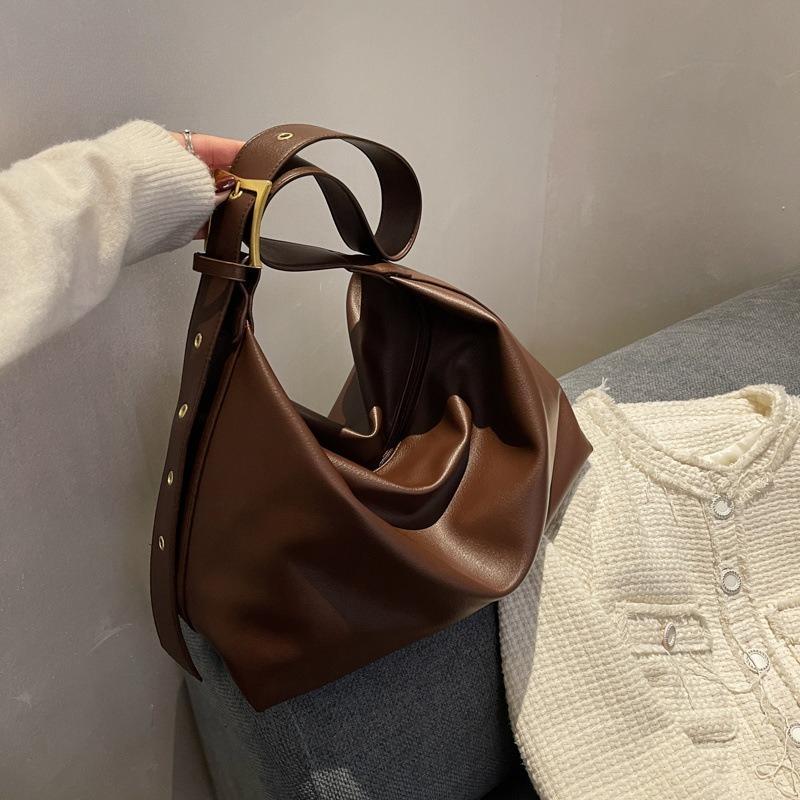 Bag Women's Niche Retro Texture Messenger Bag Wide Shoulder Strap Large Capacity Solid Color Casual Soft Collapsed Shoulder