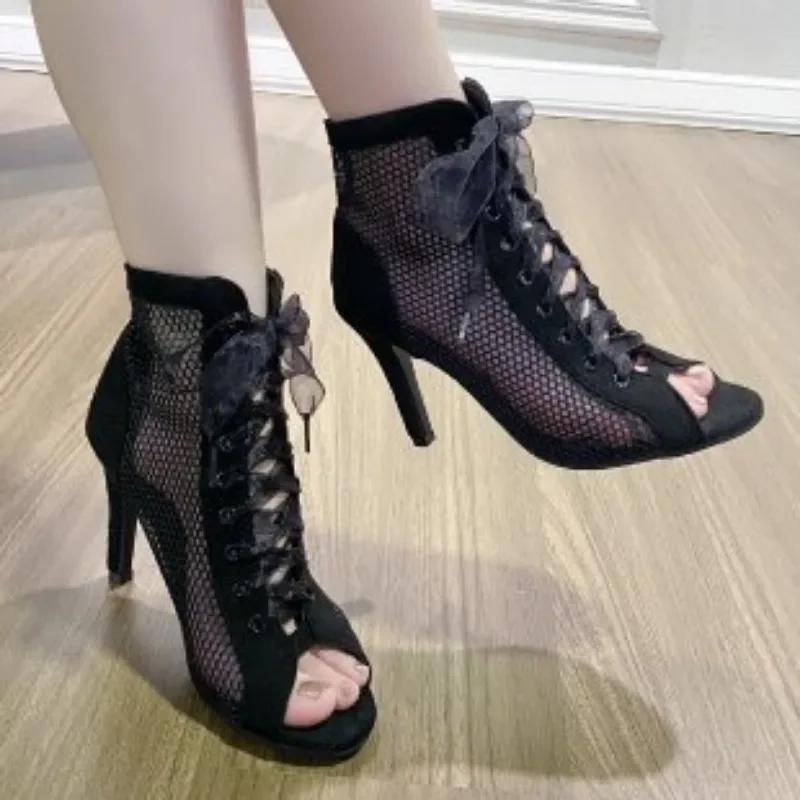 Fashion 2025 Female Shoes Mesh  Sandals Plus Size Dress Modern Boots  Peep Toe Front Cross-tied High Thin Heel Female Sandal