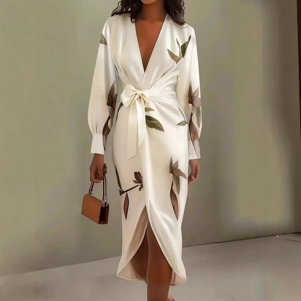 Printed dress women's spring and summer long-sleeved dress new fashion lace-up deep v-neck medium and long dress