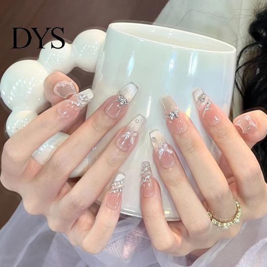 Wedding Manicure Tips 10 Pcs Press On Nails, Pink Fake Nails Full Kit, Reusable Glitter False Natural Look Glue with Rhinestones, Cover Stick