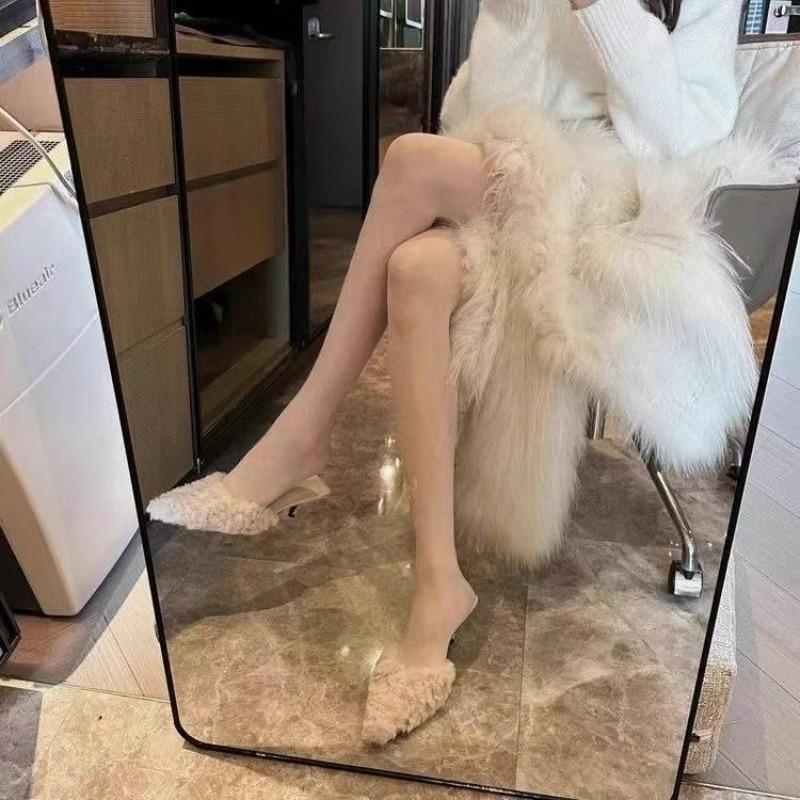 New Slippers Casual Shoes Woman Pink Slides Shallow Butterfly-Knot Med Cover Toe Fur Flip Flops Pantofle Luxury Plush Pumps