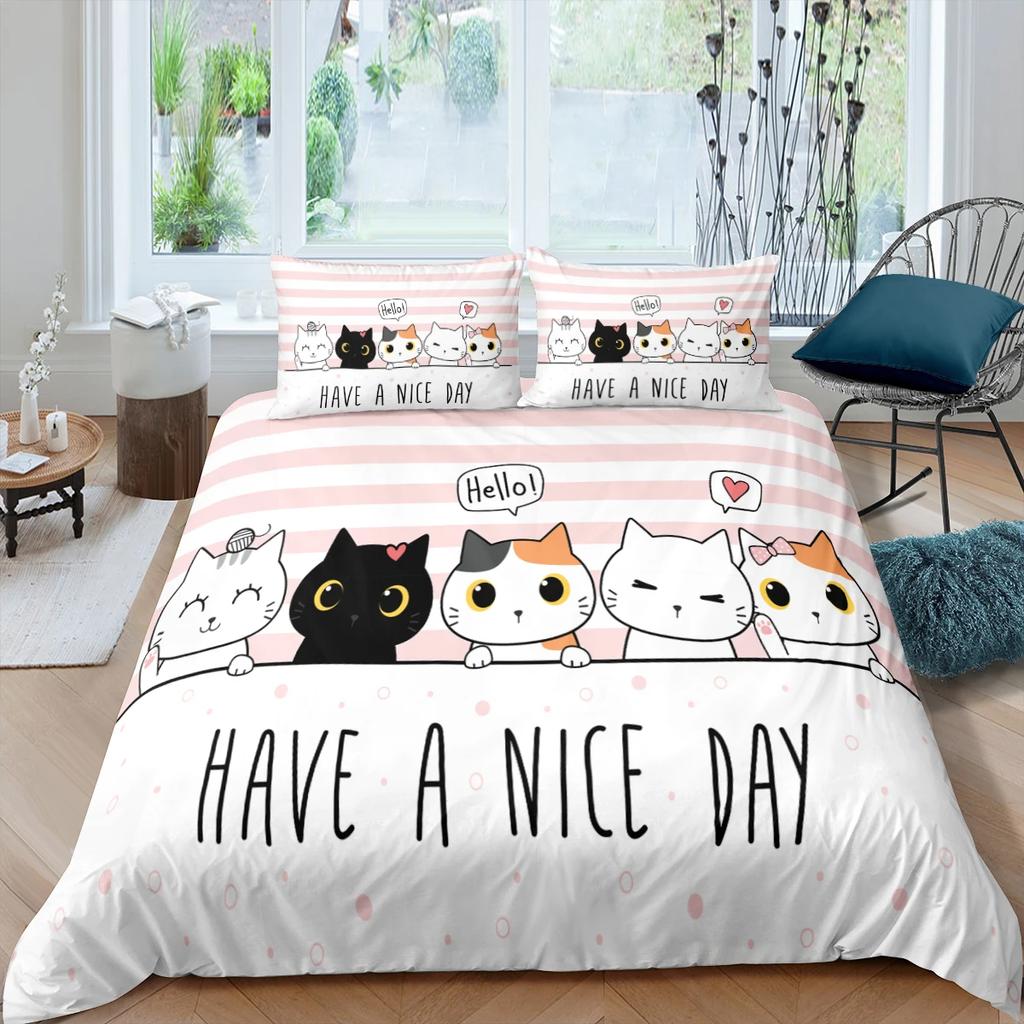 Sevimli Evcil Kediler Yatak Takımı Karikatür Yavru Kedi Baskılı Yorgan Kılıfı Yastık Kılıfı Kız İkiz Tam King Çift Kişilik Polyester Yorgan Kılıfı