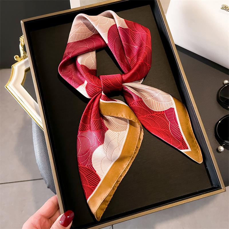 Ladies spring and summer Korean version imitation silk printing small square scarf silk scarf 71cm thin camellia sunscreen new scarf headscarf
