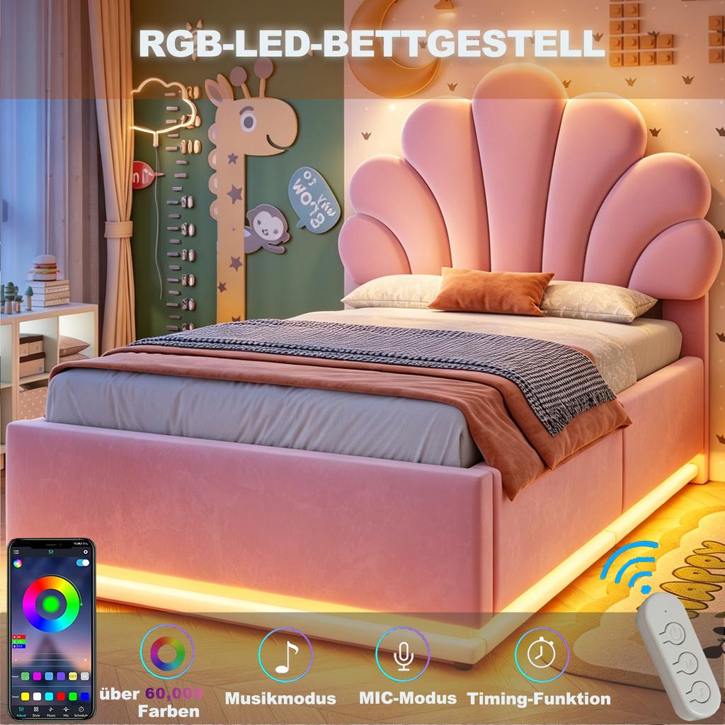 Upholstered Bed 90*200cm, Flower-Shaped Headboard, Hydraulic Storage, LED Lighting and Metal Frame, Velvet Fabric Beige, Pink