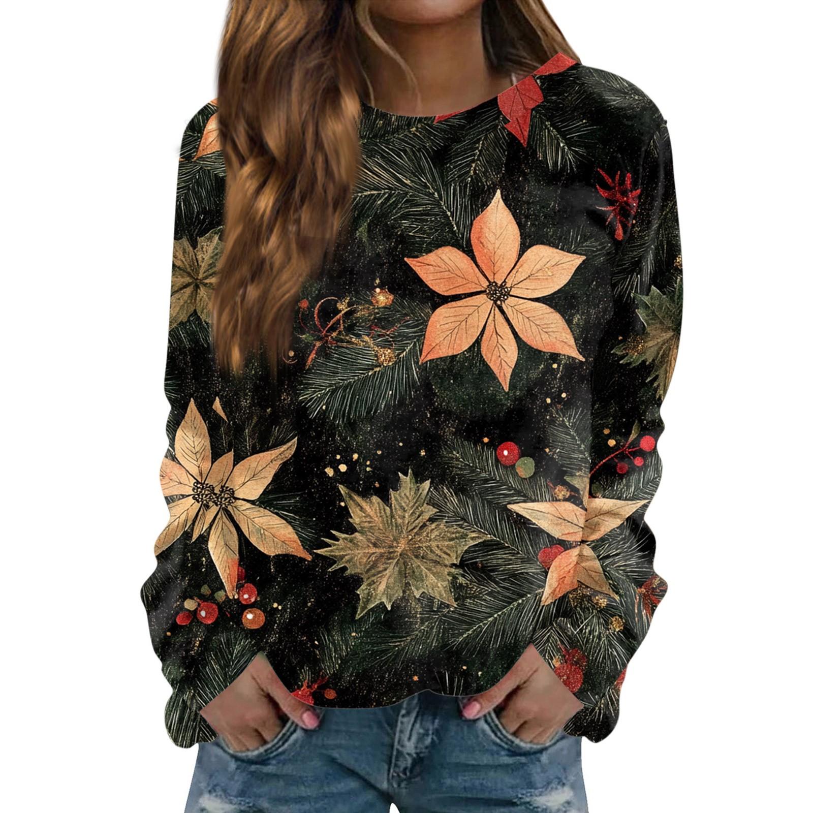 

Женская повседневная мода с принтом рождественской елки и круглым вырезом с длинными рукавами L