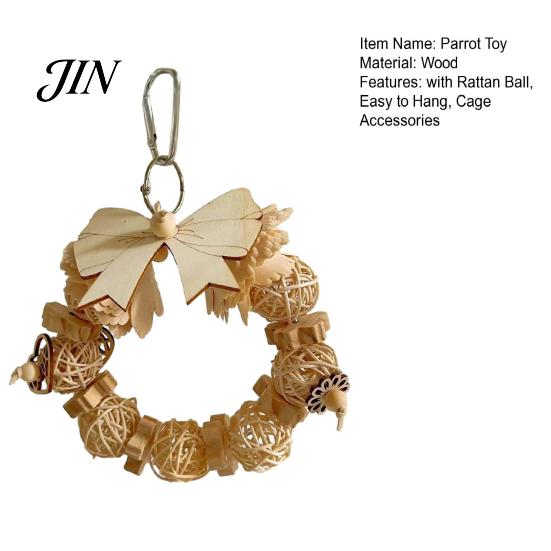 Bird Chew Toy Wooden Bow Ring Parrot Toy, Chewing with Rattan Ball, Natural Wood Hanging for African Grey Cockatoos Macaws, Cage Accessories