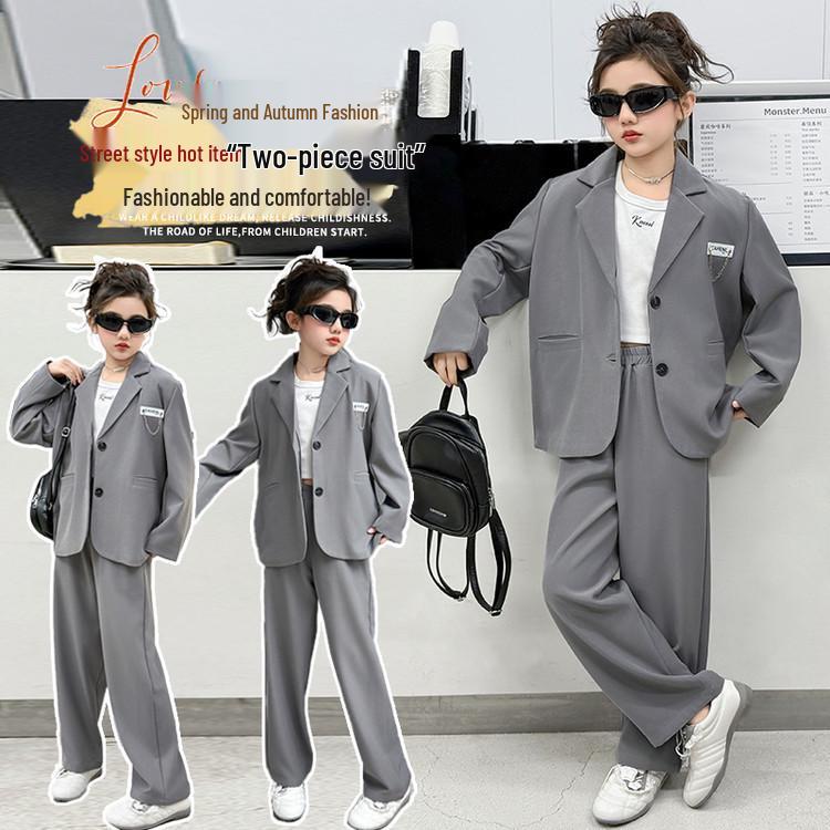 Girls' 2025 Spring Suit Set: Loose Fit Jacket & Long Pants