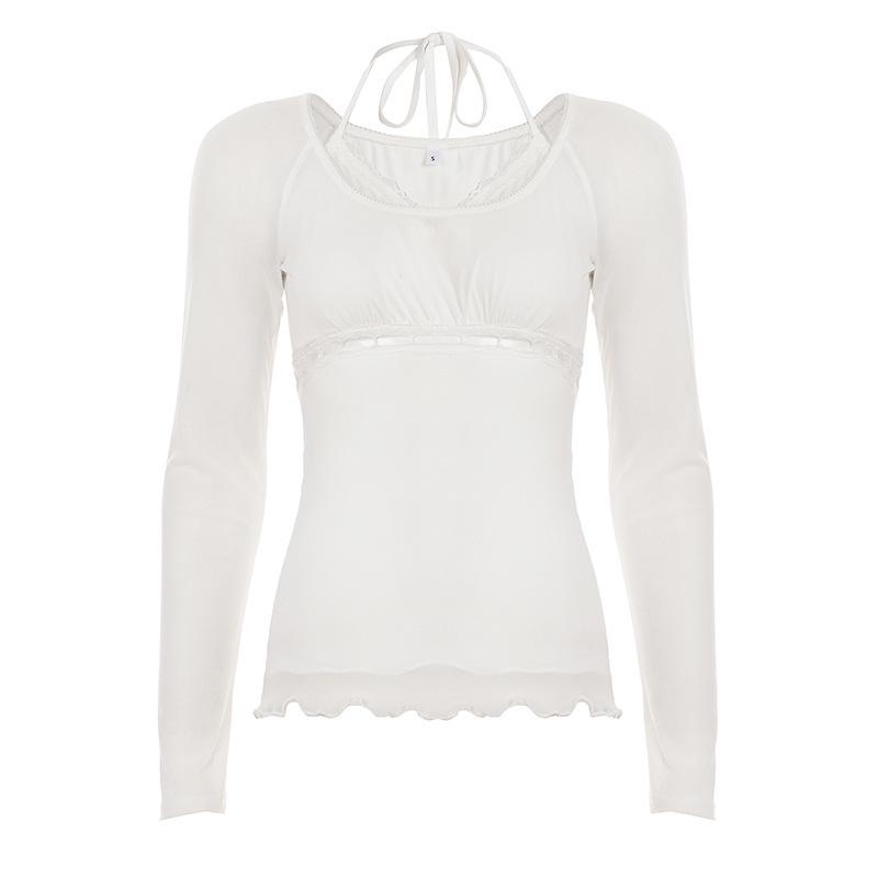Spicy Girl Mesh Patchwork White Two-Piece Style Ruffle Trim Sheer Long Sleeve Top