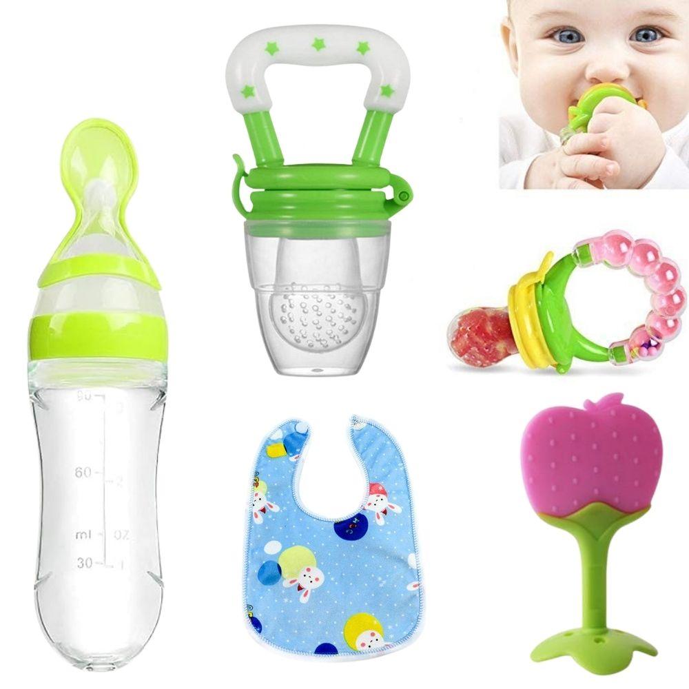 Baby Feeding & Play Combo – Teether, Rattle, Fruit Feeder, Bib & Spoon Feeder Bottle (Pack of 5)