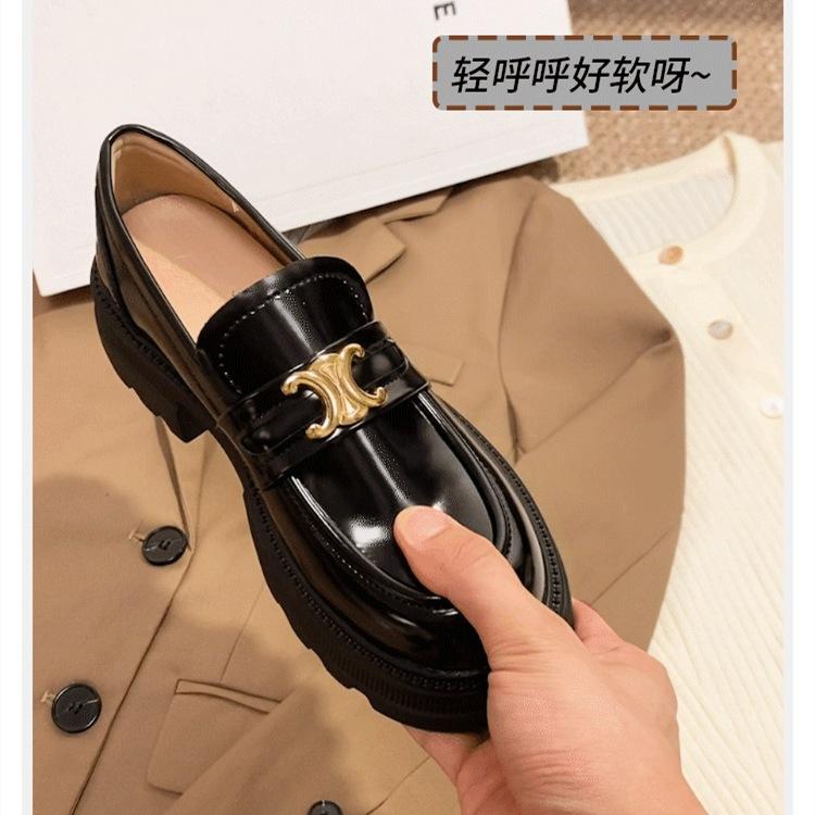 Platform loafers women's retro small leather shoes women's leather high-end sense increased black leather small leather shoes tide