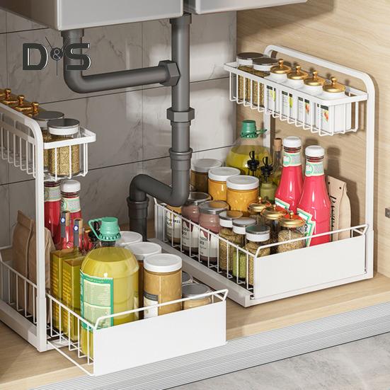 Under Sink Organizer with Sliding Drawer L-Shaped Carbon Steel Storage Rack Rust-Proof Under Sink Rack for Kitchen Bathroom Clutter