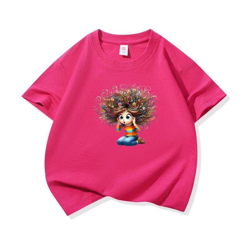 Kids Cotton T Shirt Surprised Girl With Colorful Hair Print Crew Neck Short Sleeve Tee Casual Boys Girls Summer Tops