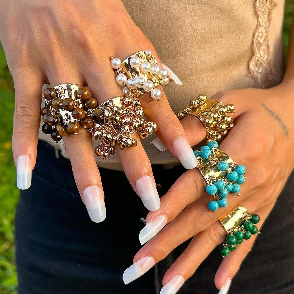 Vintage Natural Stone Multi-Pendant Tassels Pendant Open Ring Women'S Exaggerated Beaded Heart Ring Wedding Party Boho Jewelry