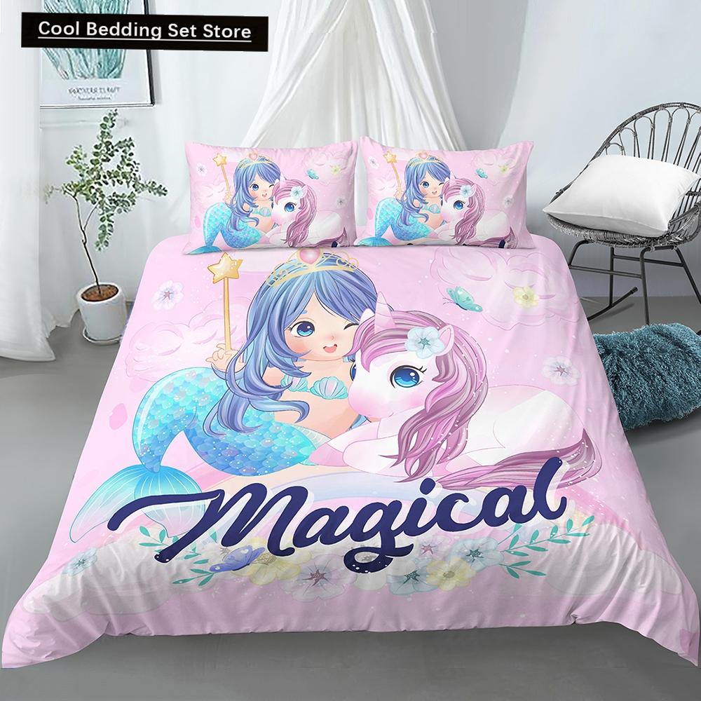 Bedding Set Crib Duvet Cover For Baby Kids Children Cartoon Mermaid Girls Princess King Queen Twin 2/3Pcs Polyester Quilt Cover