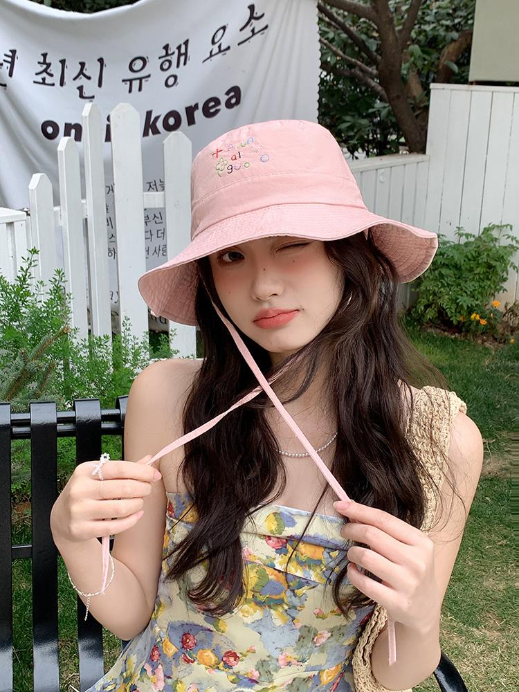 Big Eaves Bucket Hat Women's Summer Tide Outdoor Travel Versatile Pink Cartoon Small Fresh Sunshade Sunscreen Basin Hat