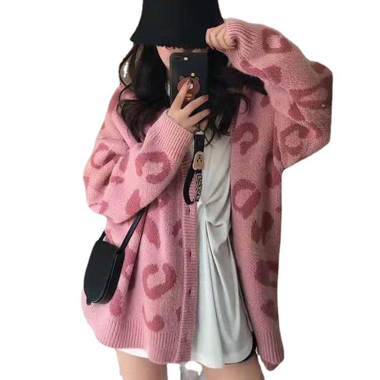 Autumn and Winter Women's Loose Sweater Jacket Female Leopard Retro Long-sleeved Knitted Cardigan Comfortable Versatile and Fashionable