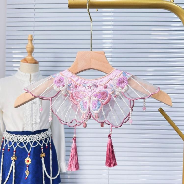 Girls Vintage Embroidery Butterfly Pearl Tassels Decorative False Collar Shawl