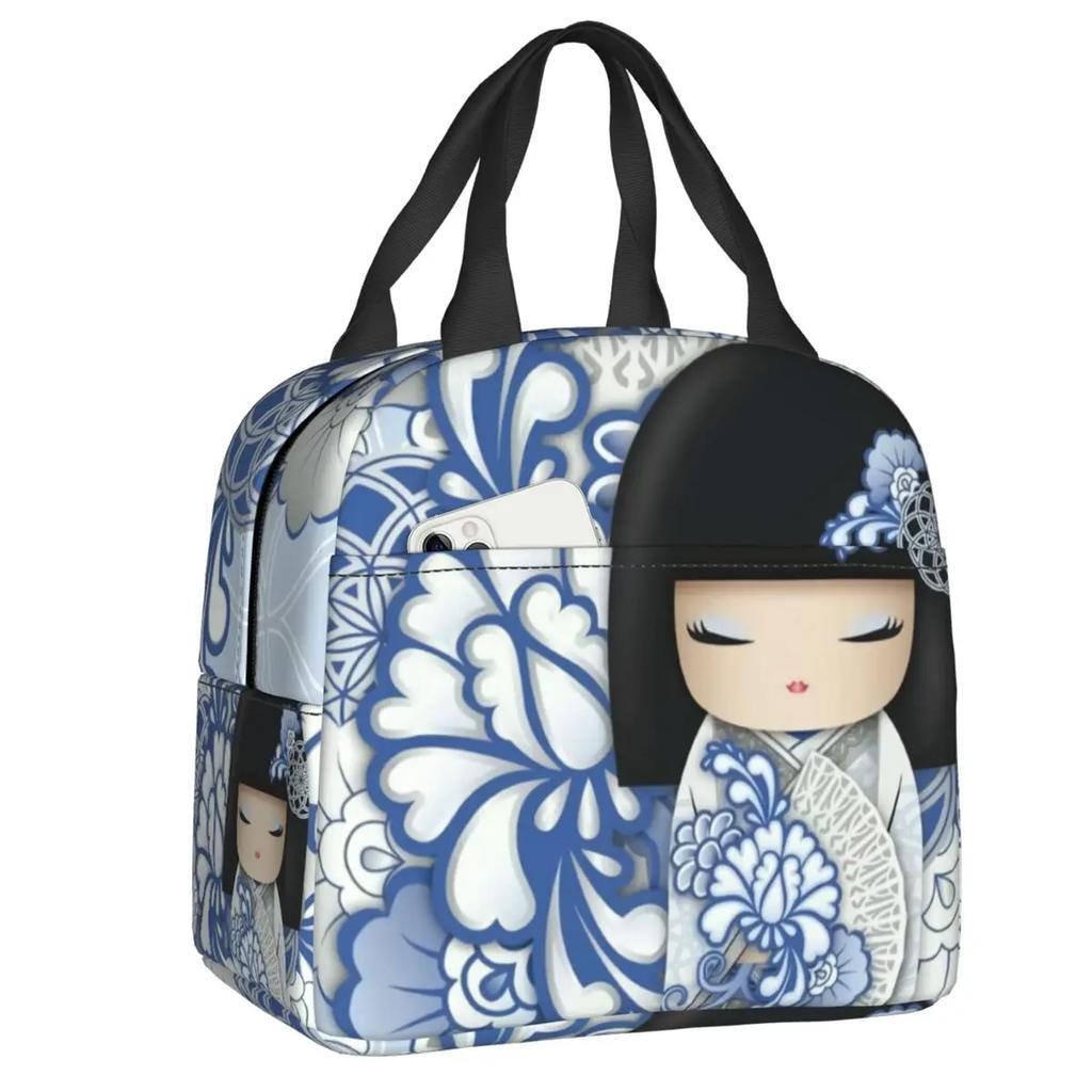 Japanese Spring Kokeshi Doll Insulated Lunch Bags Cute Girly Sakura Cherry Blossom Resuable Thermal Cooler Bento Box