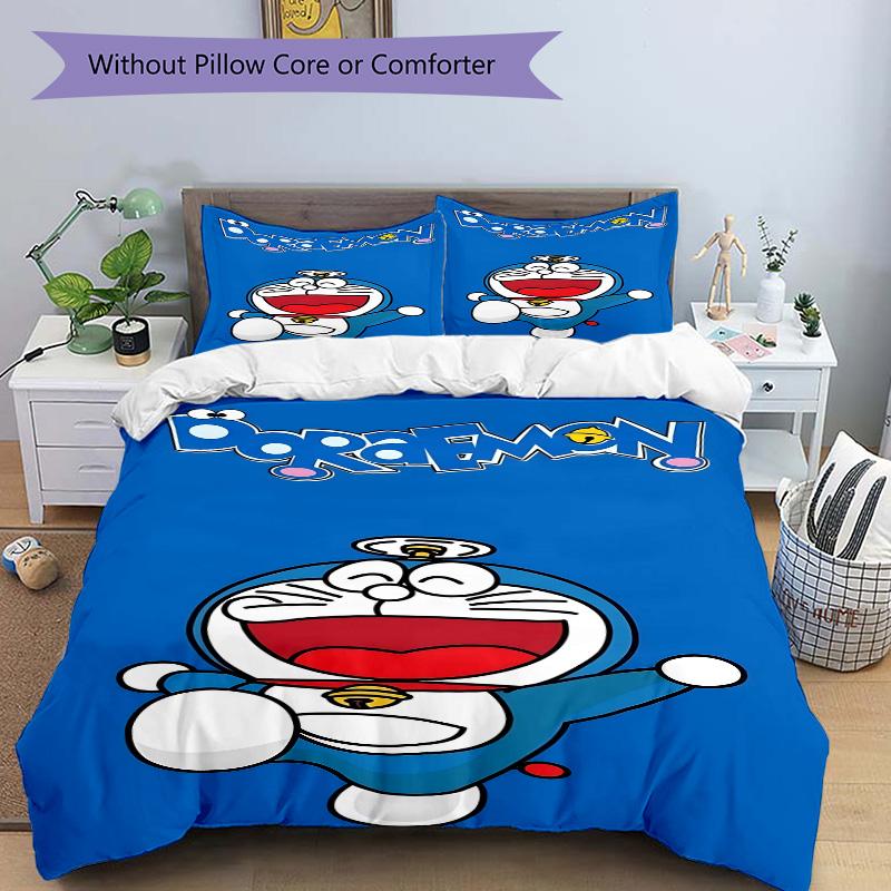 Set Lenzuola 3 Pezzi Stampa Doraemon Adventure Copripiumino con 2 Federe Cuscino Regalo di Compleanno per la Casa