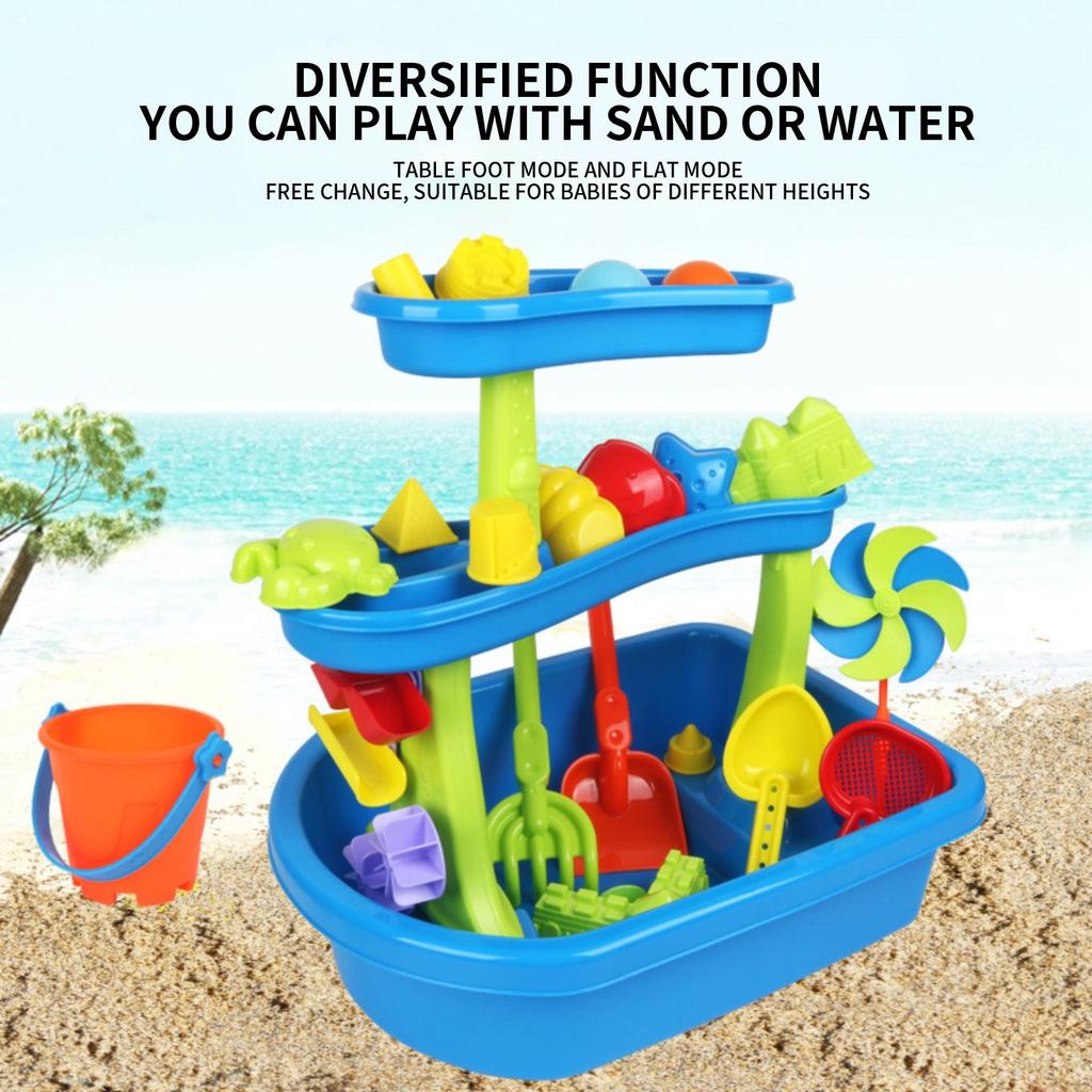 33-elementowy Dziecięcy Duży Stół Plażowy Zabawka Trzywarstwowy Zestaw Kombinowany do Zabawy Piaskiem i Wodą na Zewnątrz