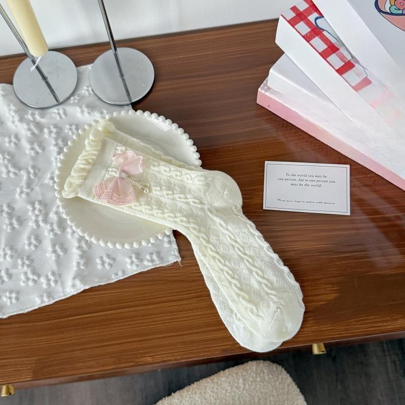 Women's Summer Thin Style Solid Color Twist Lace Bow In The Tube Pile Socks