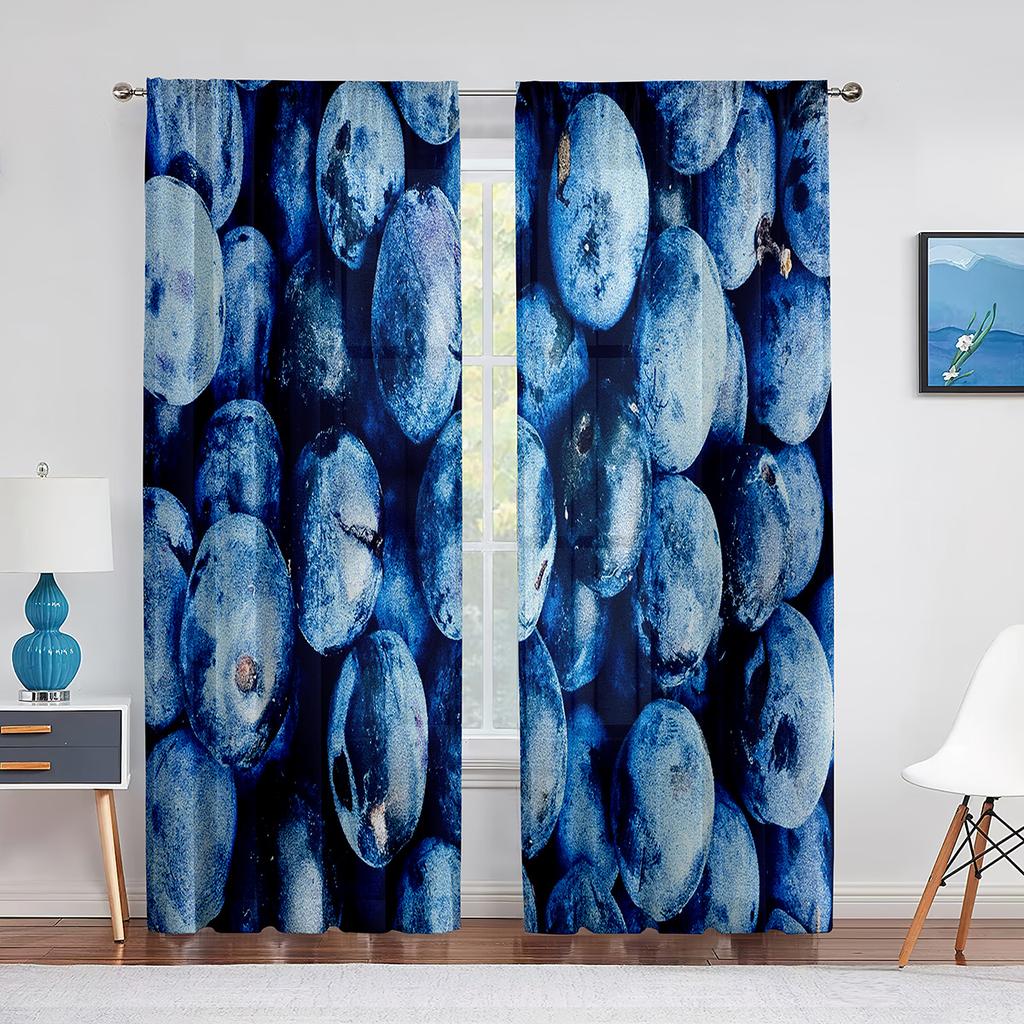Blueberries Fruit Green Leaf Tulle Curtains for Living Room Bedroom Decoration Chiffon Sheer Voile Kitchen Window Curtain Drapes