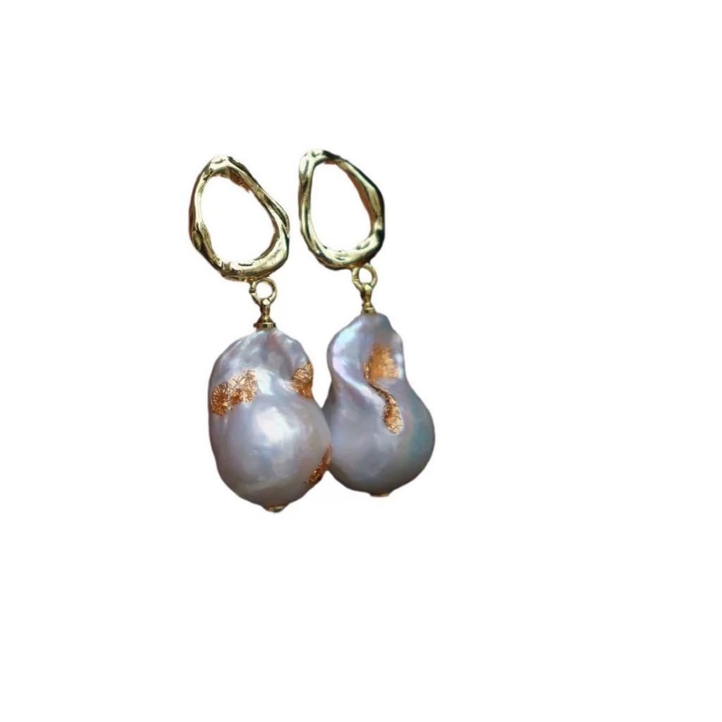 Trendy design simple retro court style hand foil freshwater baroque pearl 925 silver needle earrings stud earrings